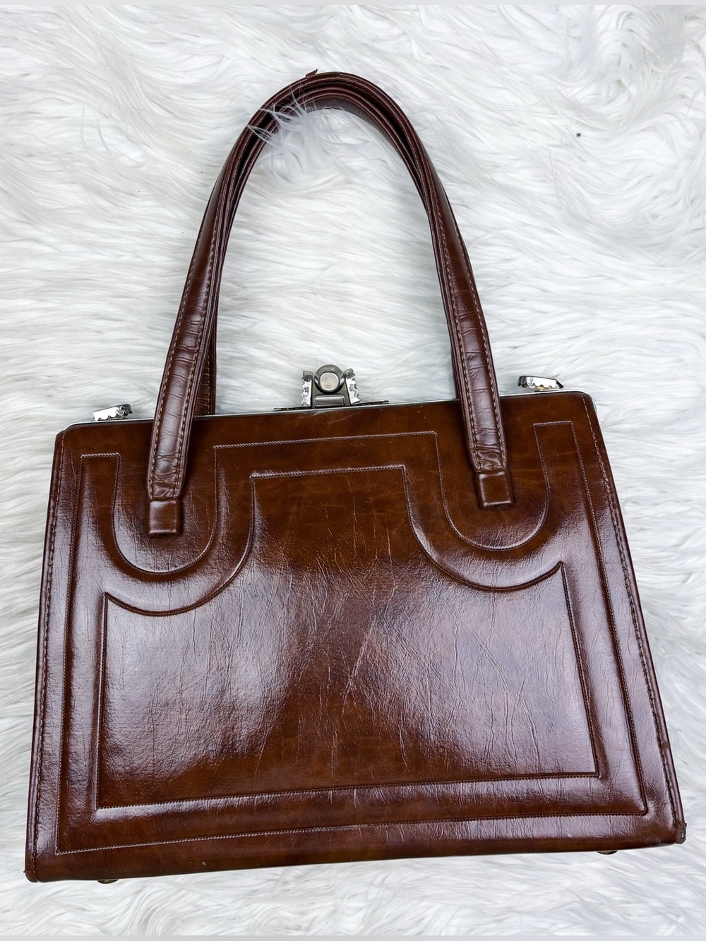 Vintage 60s Metal Frame Leather Top Handle Satchel Tote Bag Purse Brown Retro
